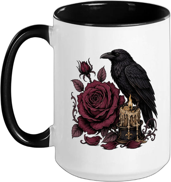 Dark Romance Raven Bird Burgundy Rose Gothic Art Candle Ceramic Mug