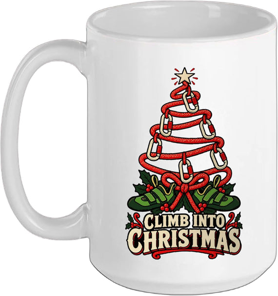 Rock Climbing Christmas Tree with Rope and Carabiners Ceramic Mug