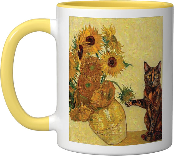 Tortoiseshell Cat & Sunflowers Van Gogh Art Parody Tortie Ceramic Mug
