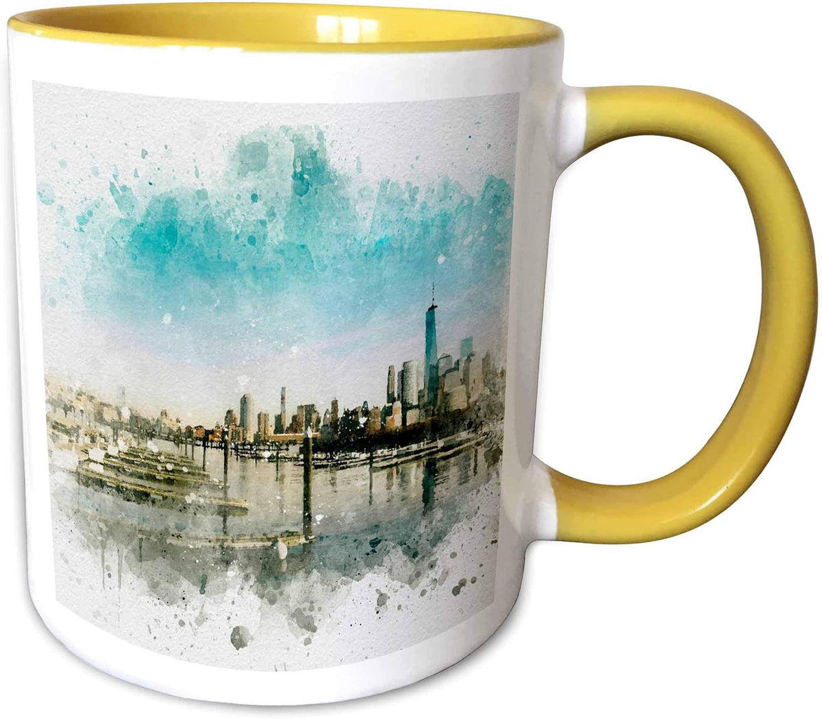Watercolor City View Boat Dock Mixed Media Ceramic Mug