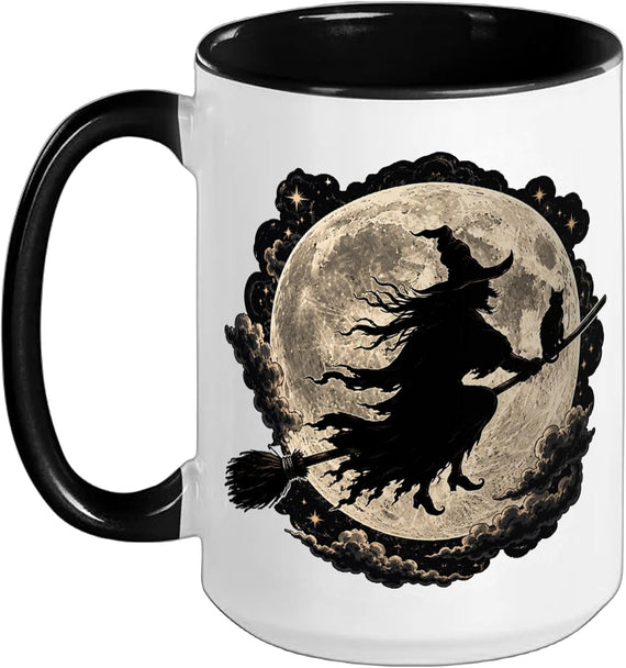 Gothic Cat Broomstick Full Moon Flying Witch Halloween Ceramic Mug