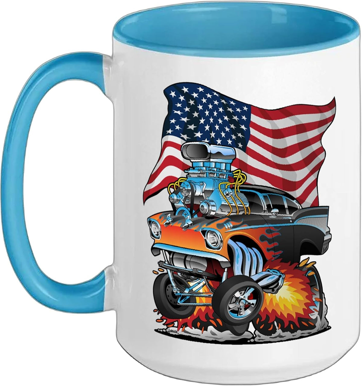 Classic Muscle Car Hotrod With Usa Flag Cartoon Design Ceramic Mug