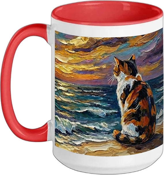 Calico Cat Starry Night Coastal Beach Sunset Artwork Ceramic Mug