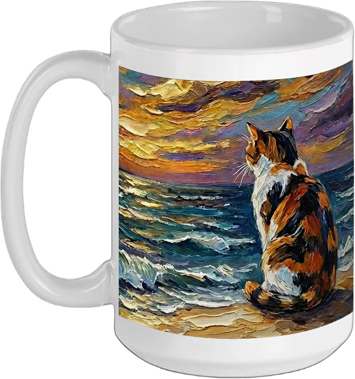 Calico Cat Starry Night Coastal Beach Sunset Artwork Ceramic Mug