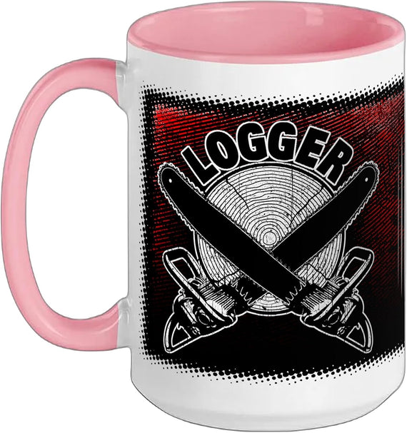 Proud Logger With Tree Stump And Crossed Logging Chainsaws Ceramic Mug