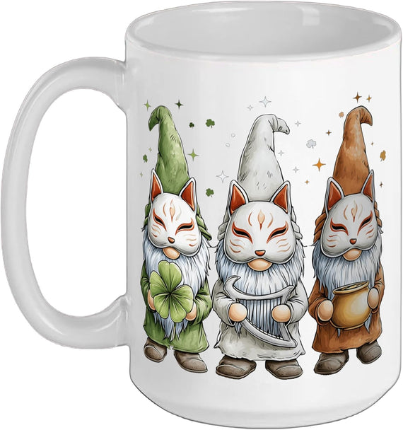 Kitsune Fox Mask Gnome Shamrock St. Patricks Day Pattys Ceramic Mug