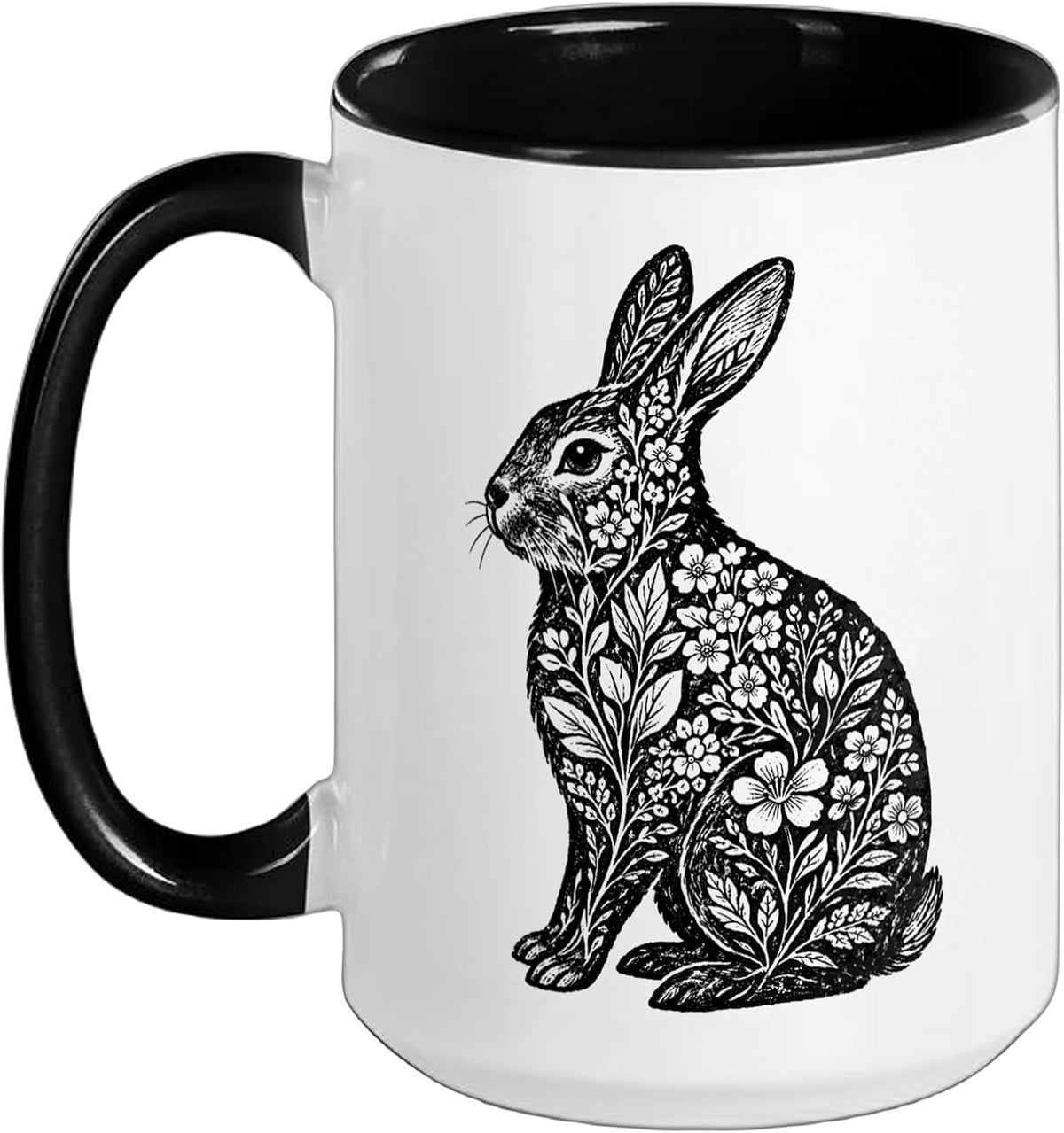 Vintage Floral Rabbit Hare Silhouette Botanical Design Ceramic Mug