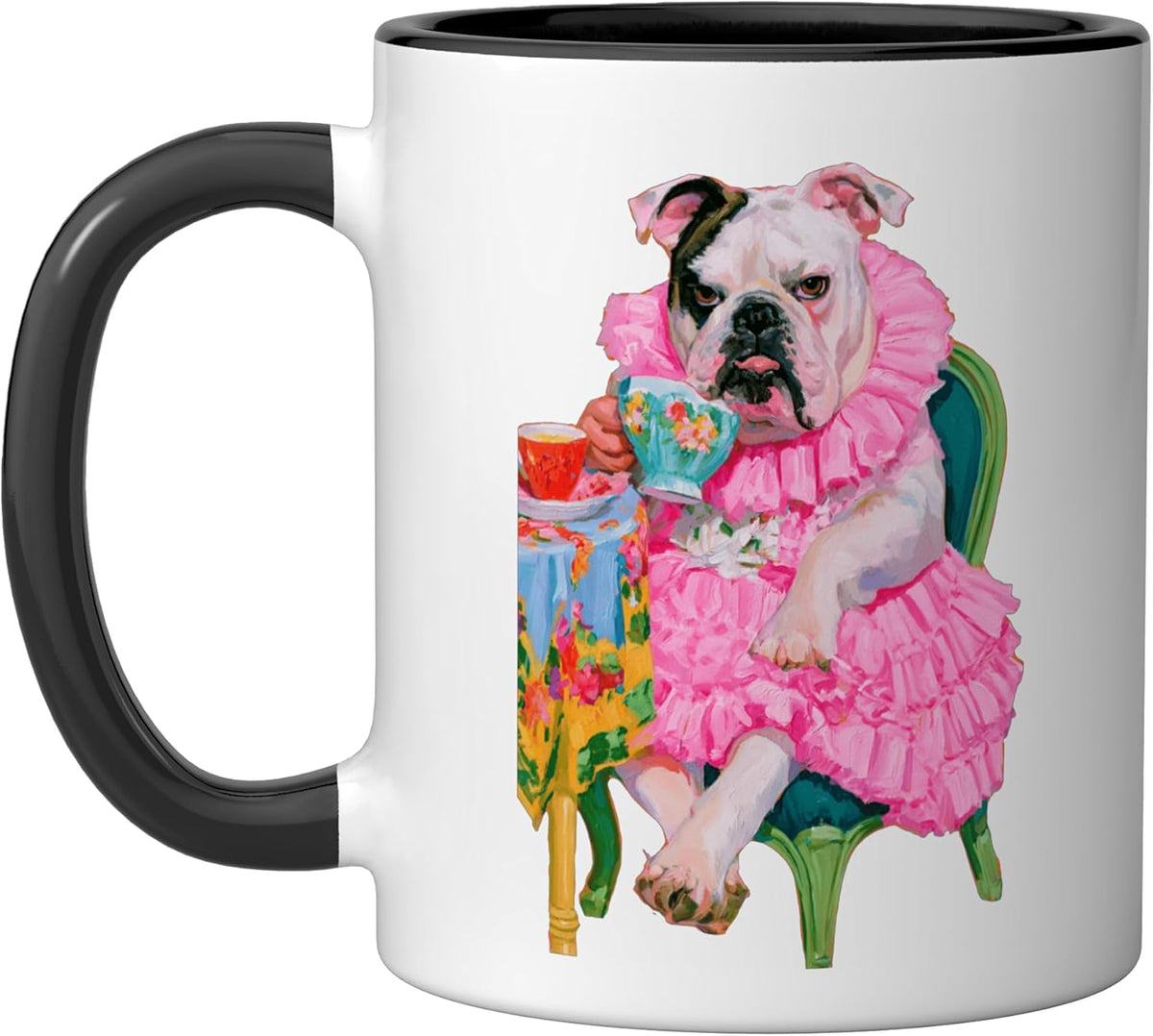 Bulldog Tea Party Pink Ruffle Dress Illustration Ceramic Mug