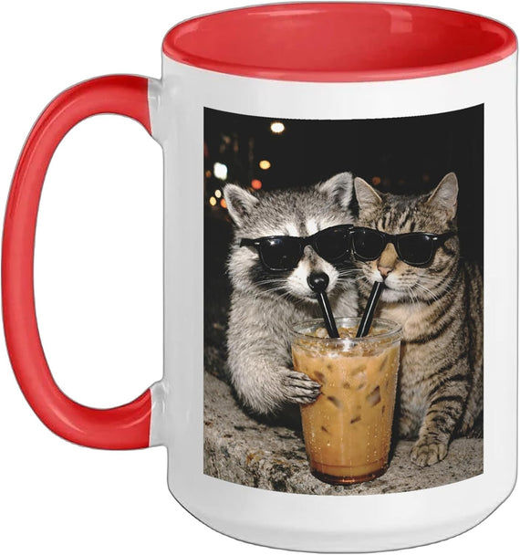 Funny Cat And Raccoon Drinking Iced Coffee Animal Meme Ceramic Mug