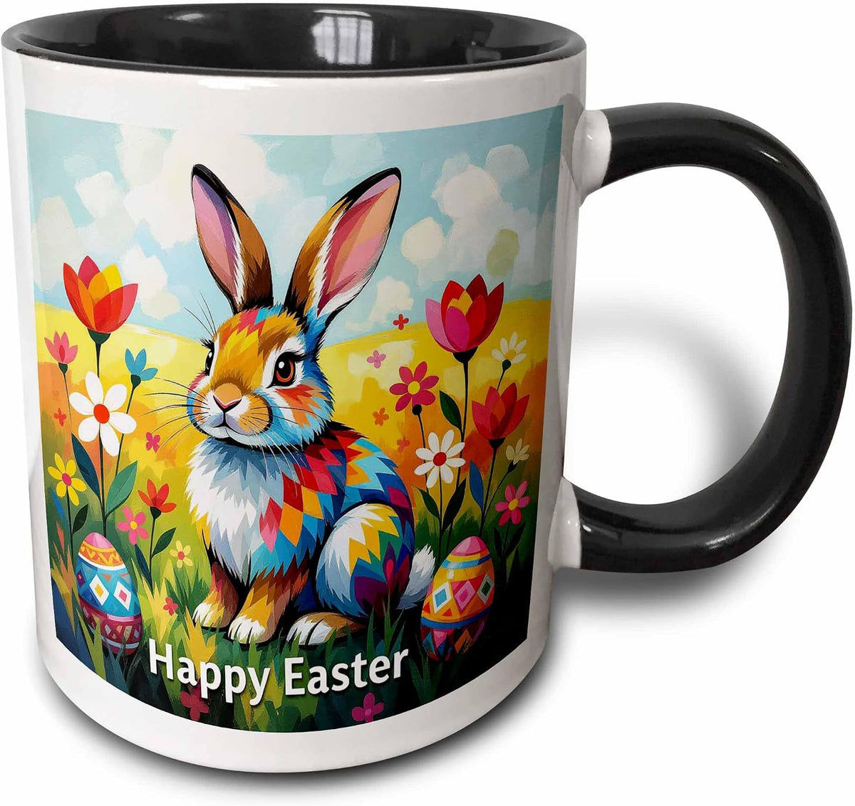 Colorful Bunny On A Meadow. Flowers And Painted Eggs. Ceramic Mug