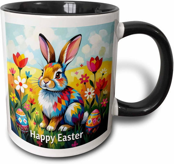 Colorful Bunny On A Meadow. Flowers And Painted Eggs. Ceramic Mug