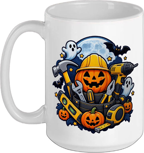 Halloween Construction Worker Pumpkin Tools Spooky Builder Ceramic Mug