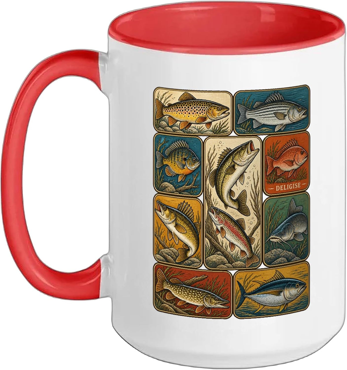 Deligise Vintage Fishing Fish Illustration Collage Ceramic Mug
