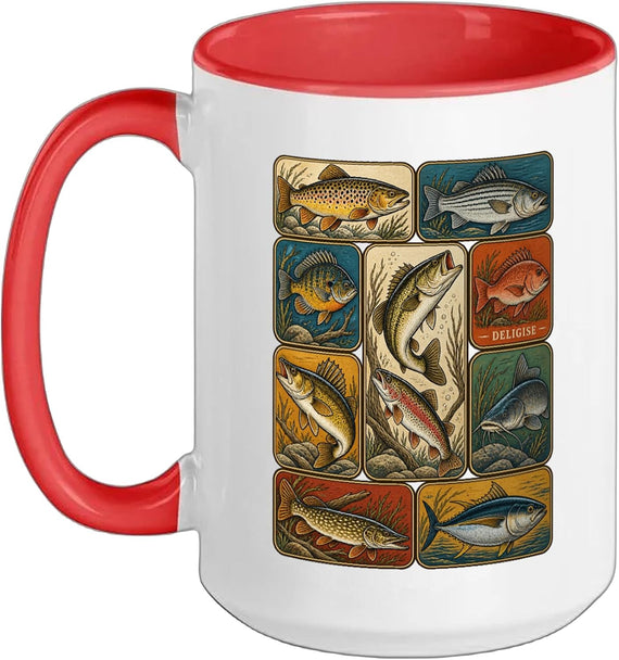 Deligise Vintage Fishing Fish Illustration Collage Ceramic Mug