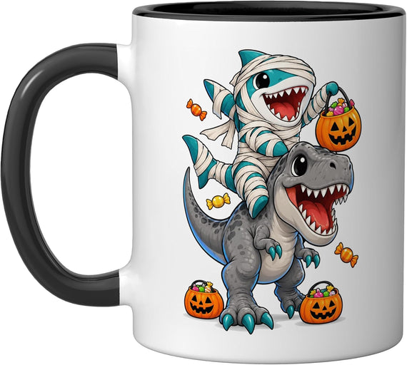 Shark Riding Dinosaur T-Rex Funny Halloween Pumpkin Kid Boys Mug