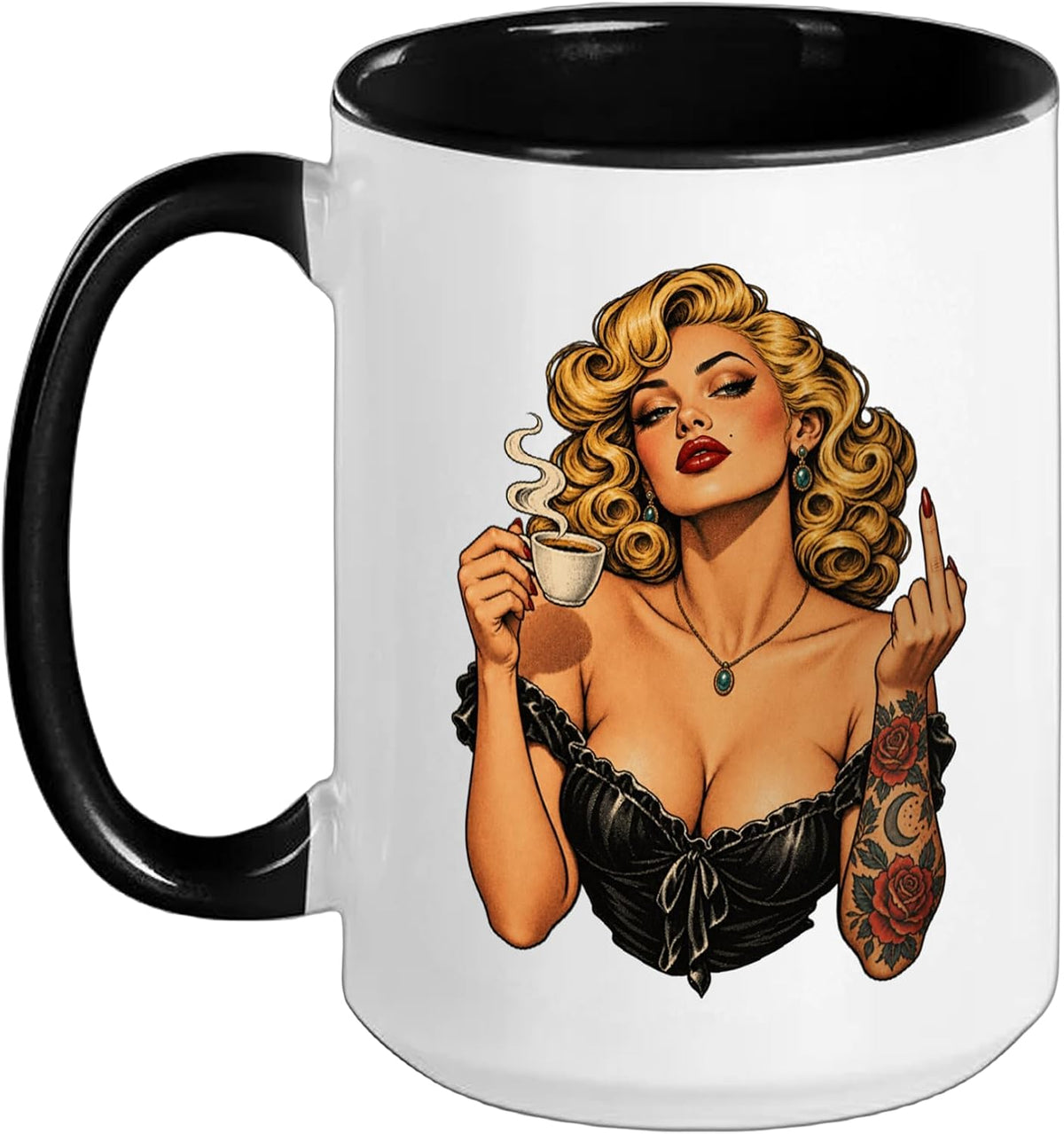 Coffee Pinup Middle Finger Espresso Vintage Tattoo Design Ceramic Mug