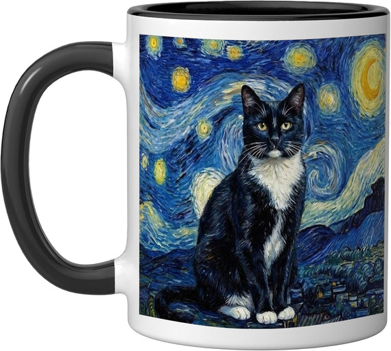 Cat Starry Night Van Gogh Painting Cat Lover Tuxedo Ceramic Mug