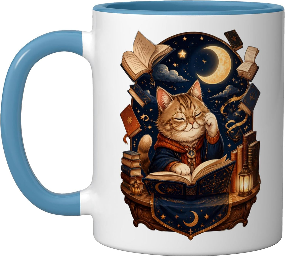 Cute Cat Reading Books Night Moon Scholar Ceramic Mug