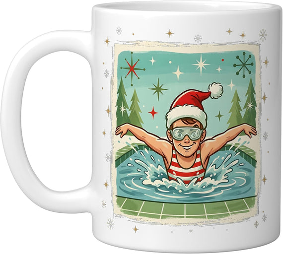Boy Swimmer Santa Hat Retro Christmas Ceramic Mug