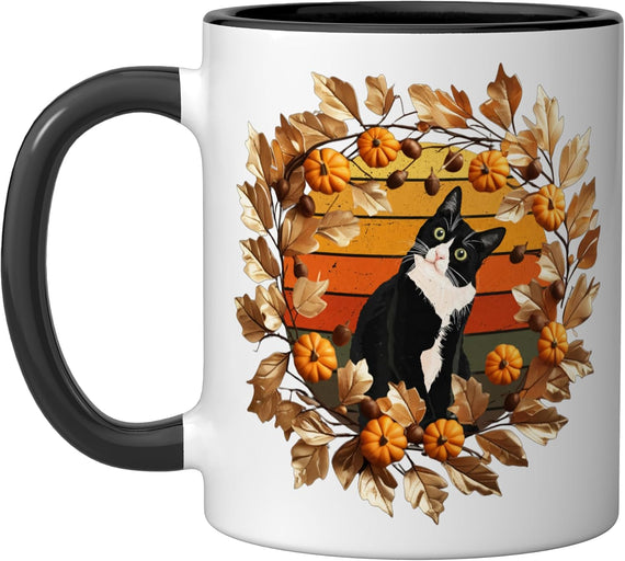 Tuxedo Cat Fall Leaves Wreath Autumn Colors Ceramic Mug