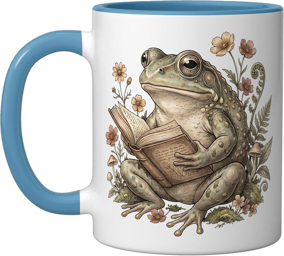 Frog Reading Book Lover Cottagecore Mushroom Vintage Ceramic Mug