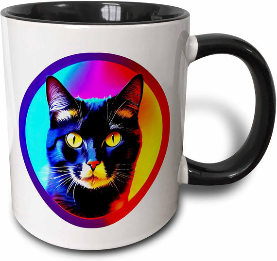 Neon Pop Art Black Cat Face Circle Ceramic Mug