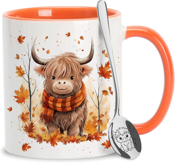 Hyturtle Fall Highland Cow Maple Leave Ceramic Mug