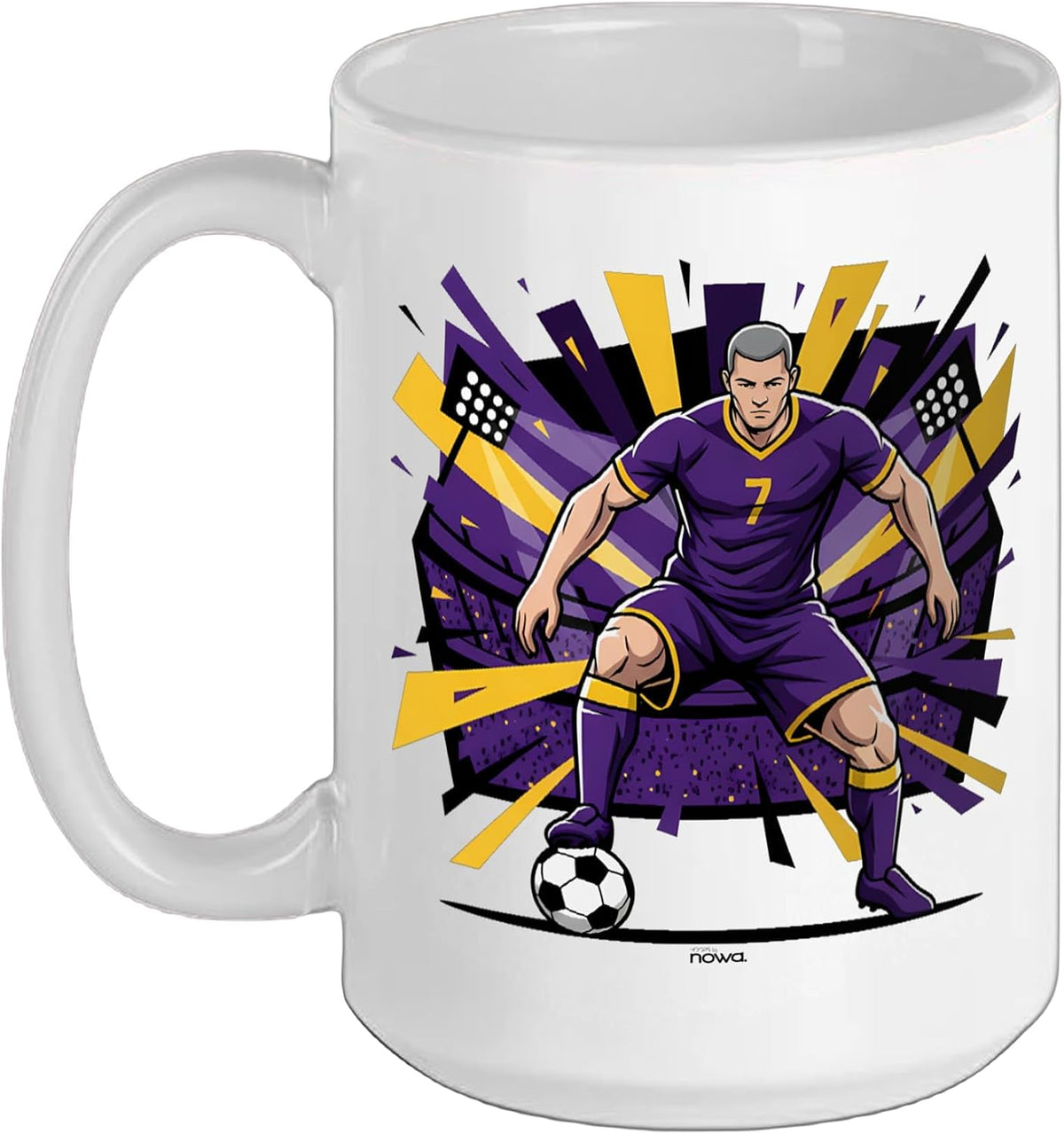 Football Soccer Ready To Strike Purple And Yellow Comic Ceramic Mug