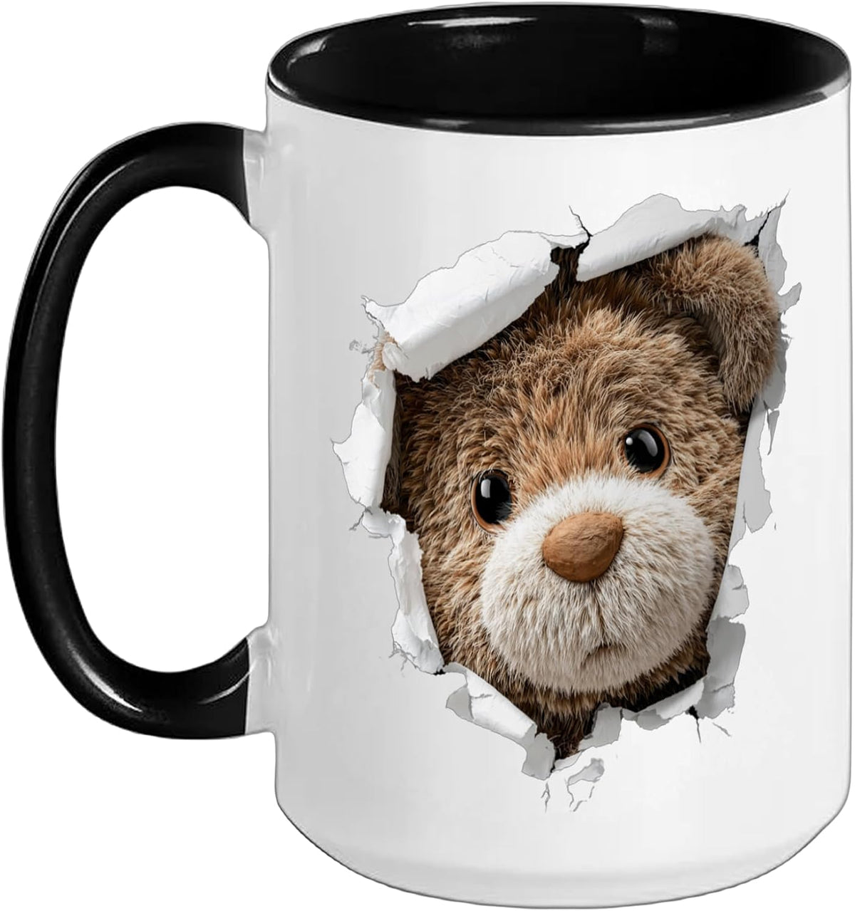 Cute Teddy Bear Pocking Face Through A Hole In The Wall Ceramic Mug