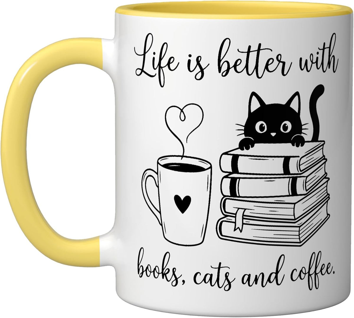Life Is Better With Books Cats And Coffee Book Lover Ceramic Mug