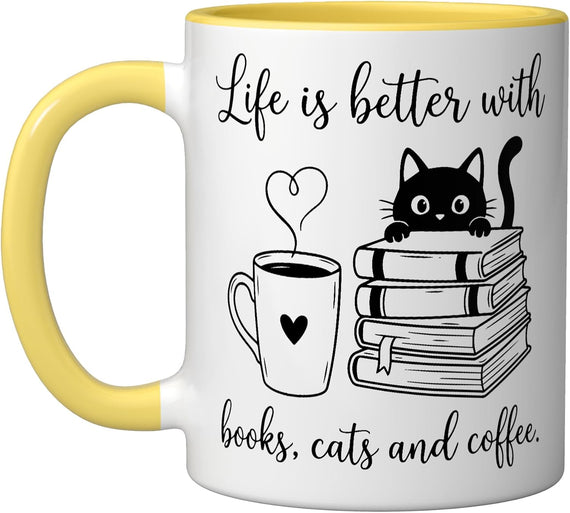 Life Is Better With Books Cats And Coffee Book Lover Ceramic Mug