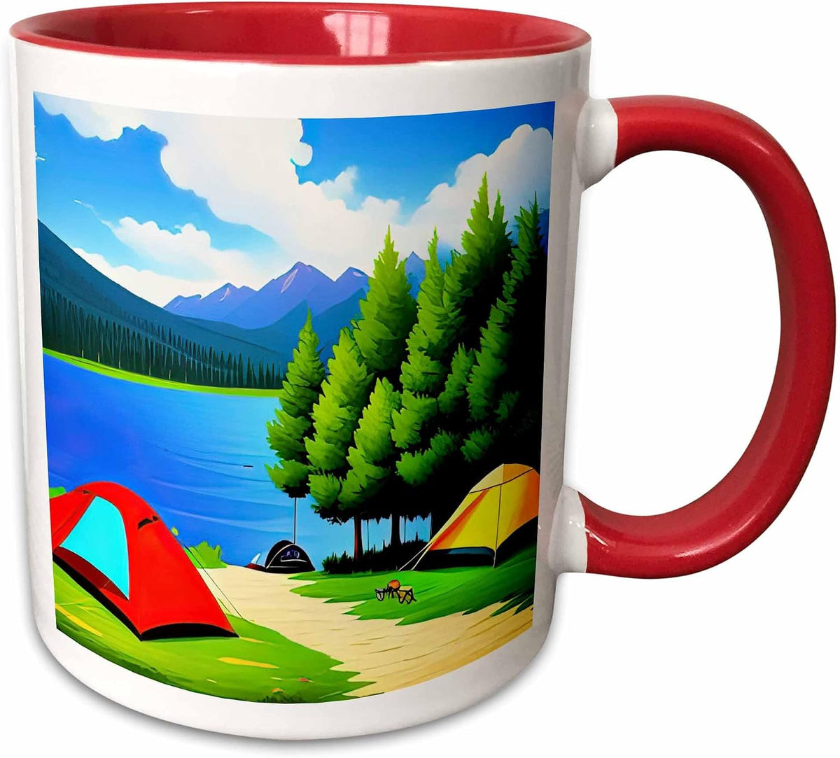 Tents By Mountain Lake On Sunny Summer Day Ceramic Mug