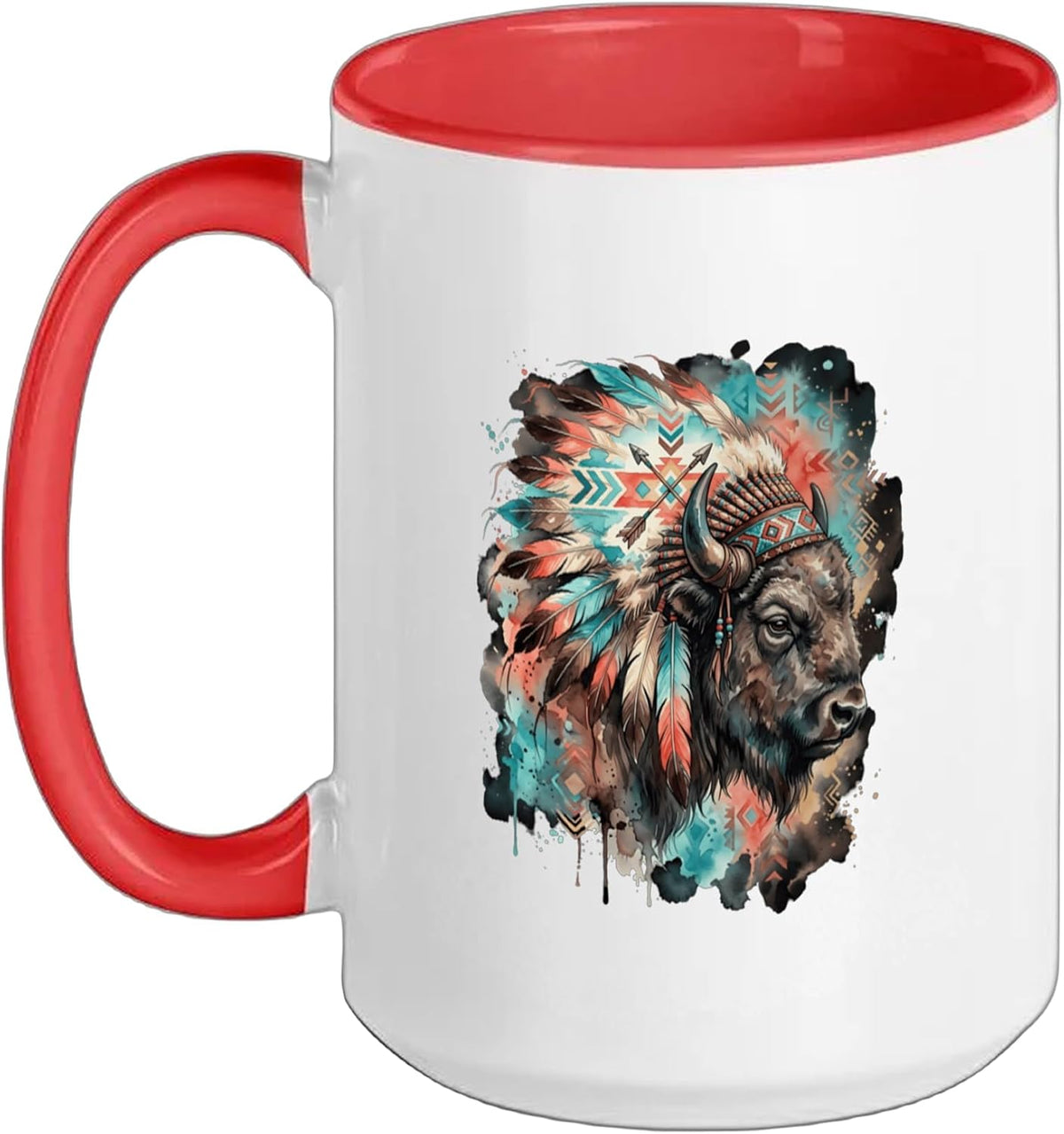 Native American Bison Buffalo Indian Chief Feather Ceramic Mug