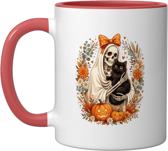 Skeleton Holding Cat Halloween Costume Spooky Season Ceramic Mug