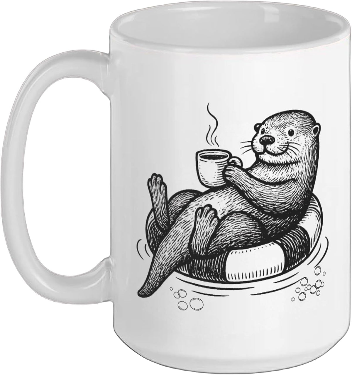 Vintage Otter Drinking Coffee On Float Caffeine Line Art Ceramic Mug