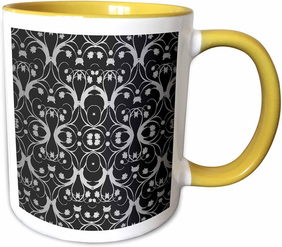 Steel Gray Fancy Flower Damask Pattern Ceramic Mug