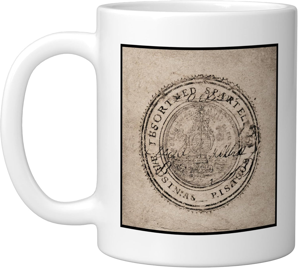 Vintage Round Document Stamp Emblems Ceramic Mug