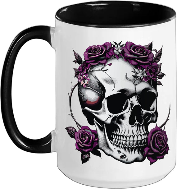 Skeleton Metalhead Skulls Roses Metal Rock Purple Roses Ceramic Mug