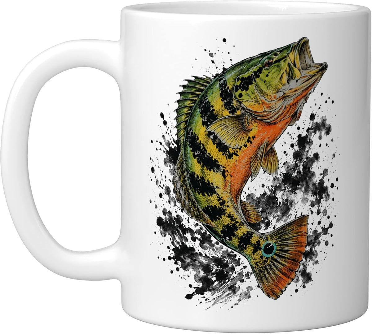 Peacock Bass Gyotaku Style Fish Art, White Ceramic Mug