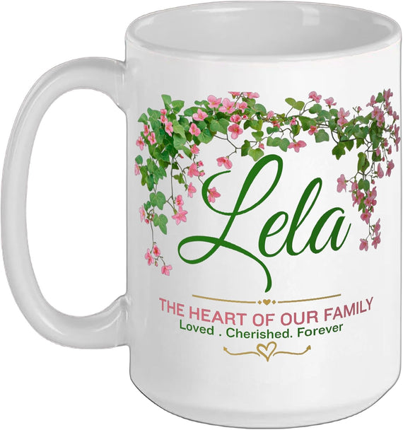 Lela The Heart Of Our Family Floral Name Ceramic Mug