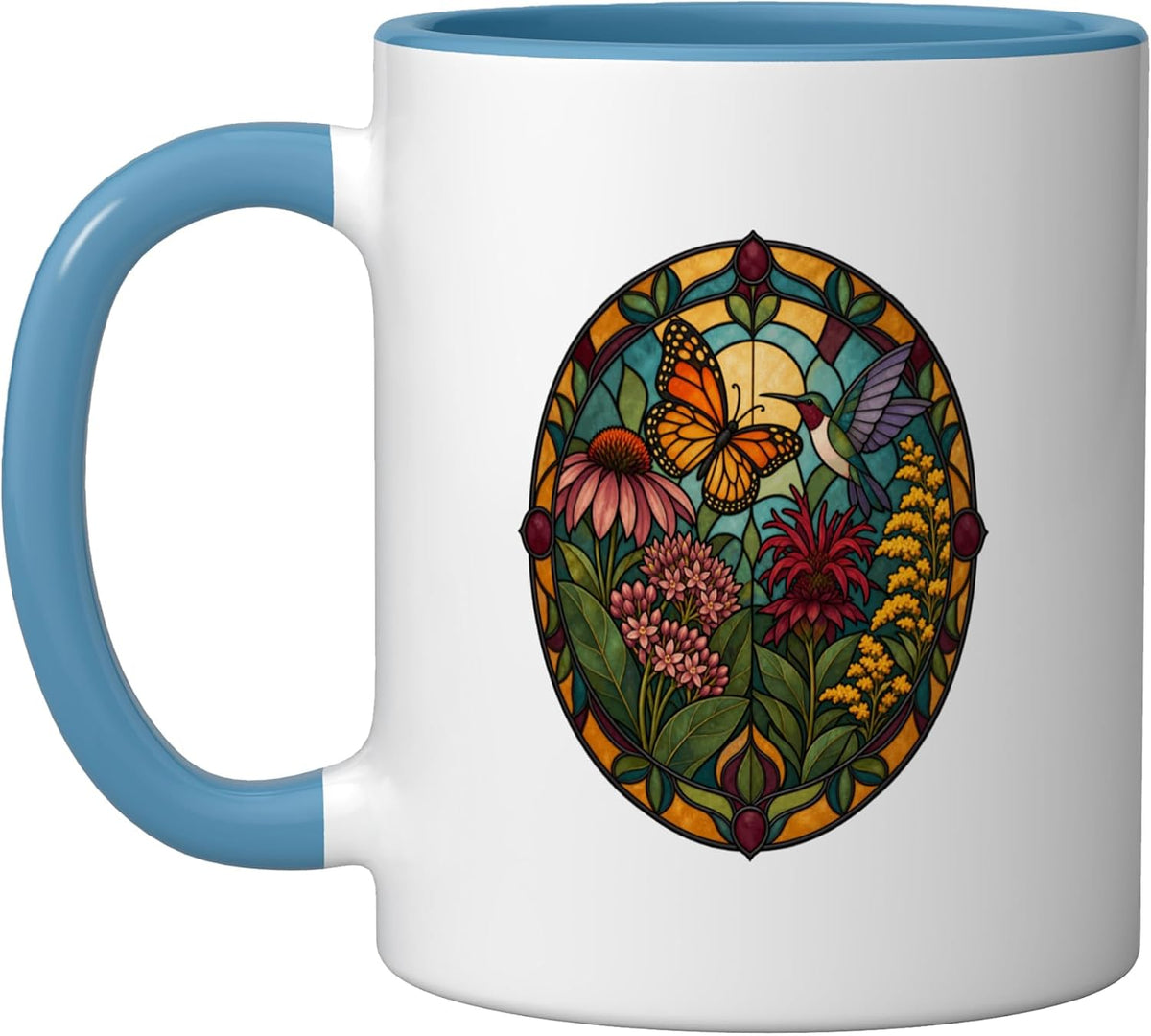 Stained Glass Native Garden Butterfly Hummingbird Art Ceramic Mug
