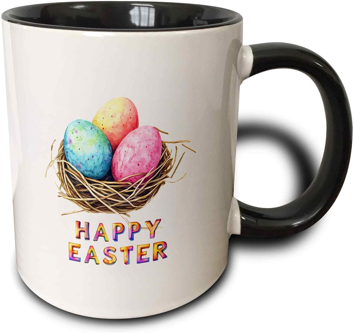 Happy Easter & Red, Blue Yellow Eggs Ceramic Mug