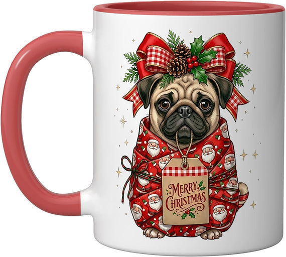 Pug Dog Santa Claus Wrapping Present Holly Pinecone Ceramic Mug