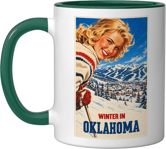 Winter Oklahoma Ski Poster Dark Ceramic Mug