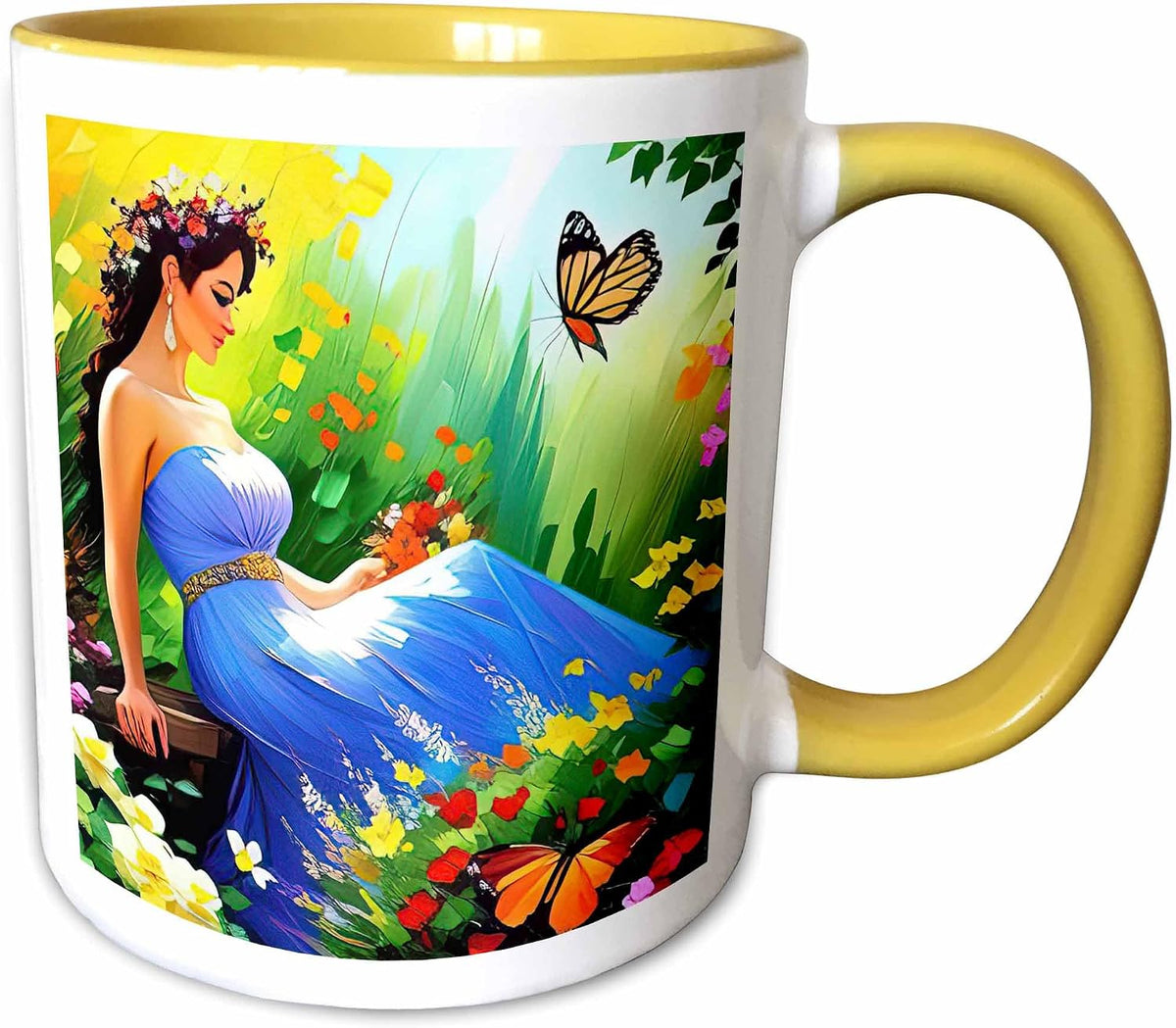 Gorgeous Woman In Blue Dress Sits On Bench Ceramic Mug