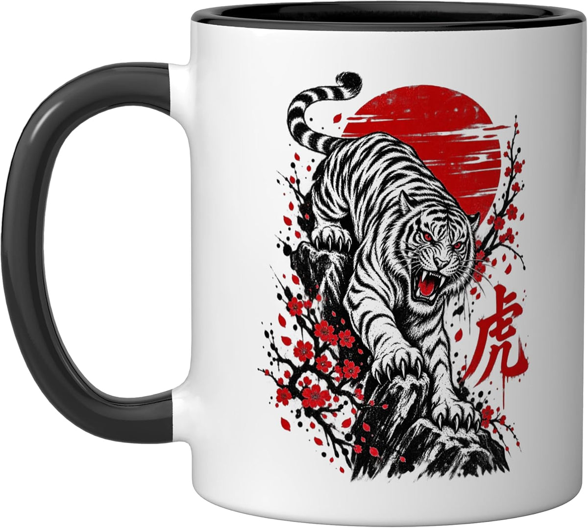 Japanese White Tiger Red Sun Cherry Blossom Tattoo Design Ceramic Mug