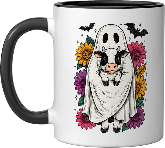 Cute Cow in Ghost Costume Pastel Halloween Floral Ceramic Mug