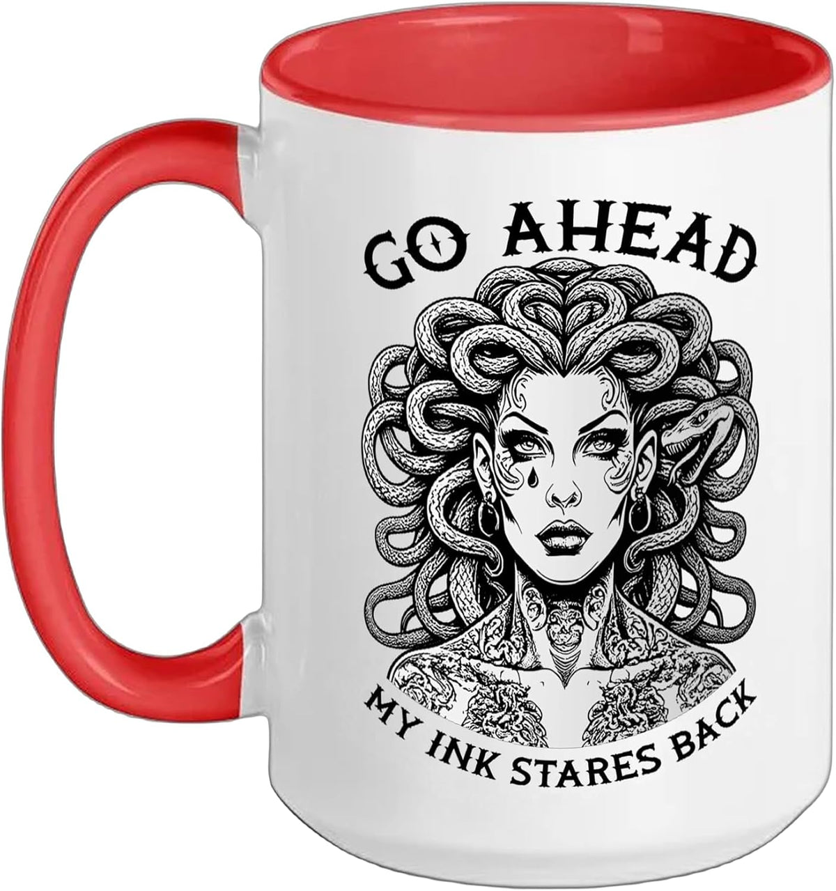 Feminist Medusa Tattoo Inked Funny My Ink Stares Back Ceramic Mug