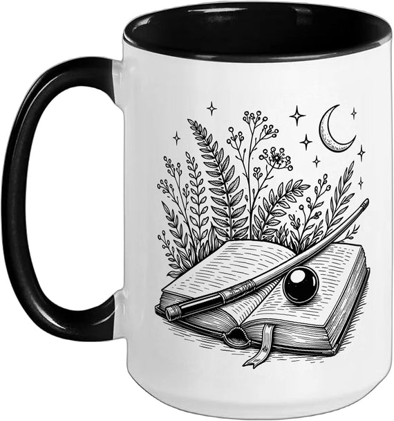 Witchy Open Book Wand Crystal Ball Moon Botanical Ceramic Mug