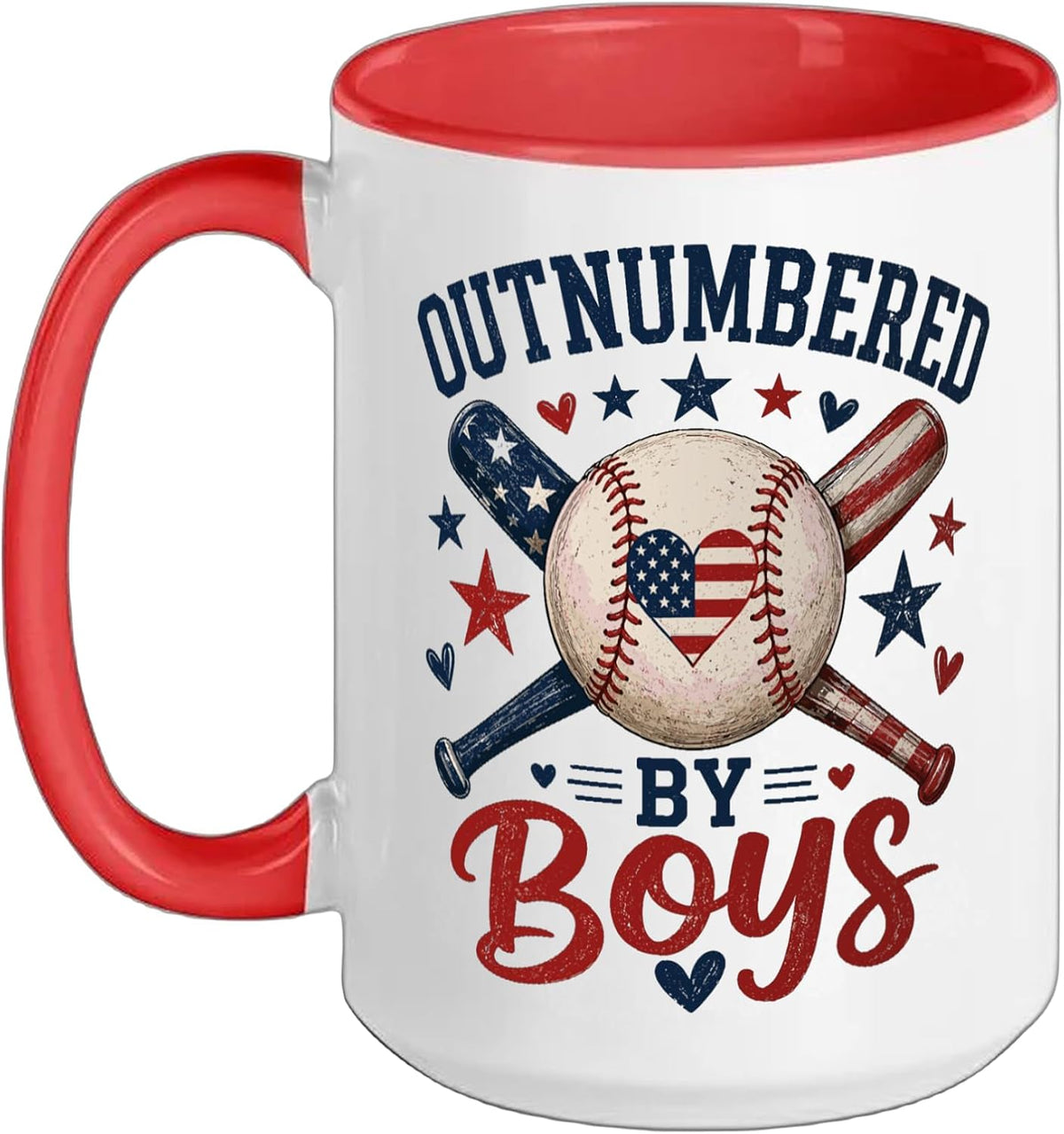 Outnumbered By Boys Baseball Mom American Flag Heart Ceramic Mug